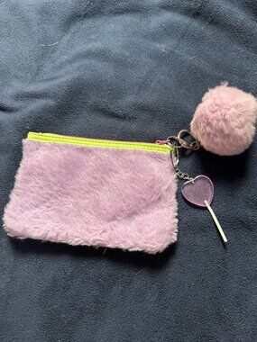 Faux Fur Ipsy Glam Makeup Bag Small Zip Lilac Purple Candy Heart Key Chain New